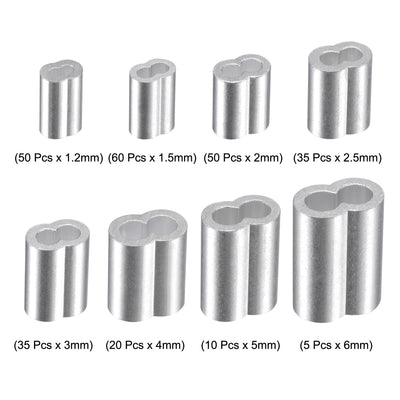 Harfington Wire Rope Aluminum Crimping Loop Sleeve Assortment Kit for 1.2/1.5/2/2.5/3/4/5/6mm Dia., Cable Crimp Double Hole Ferrule Clip Fittings 265in1 Set