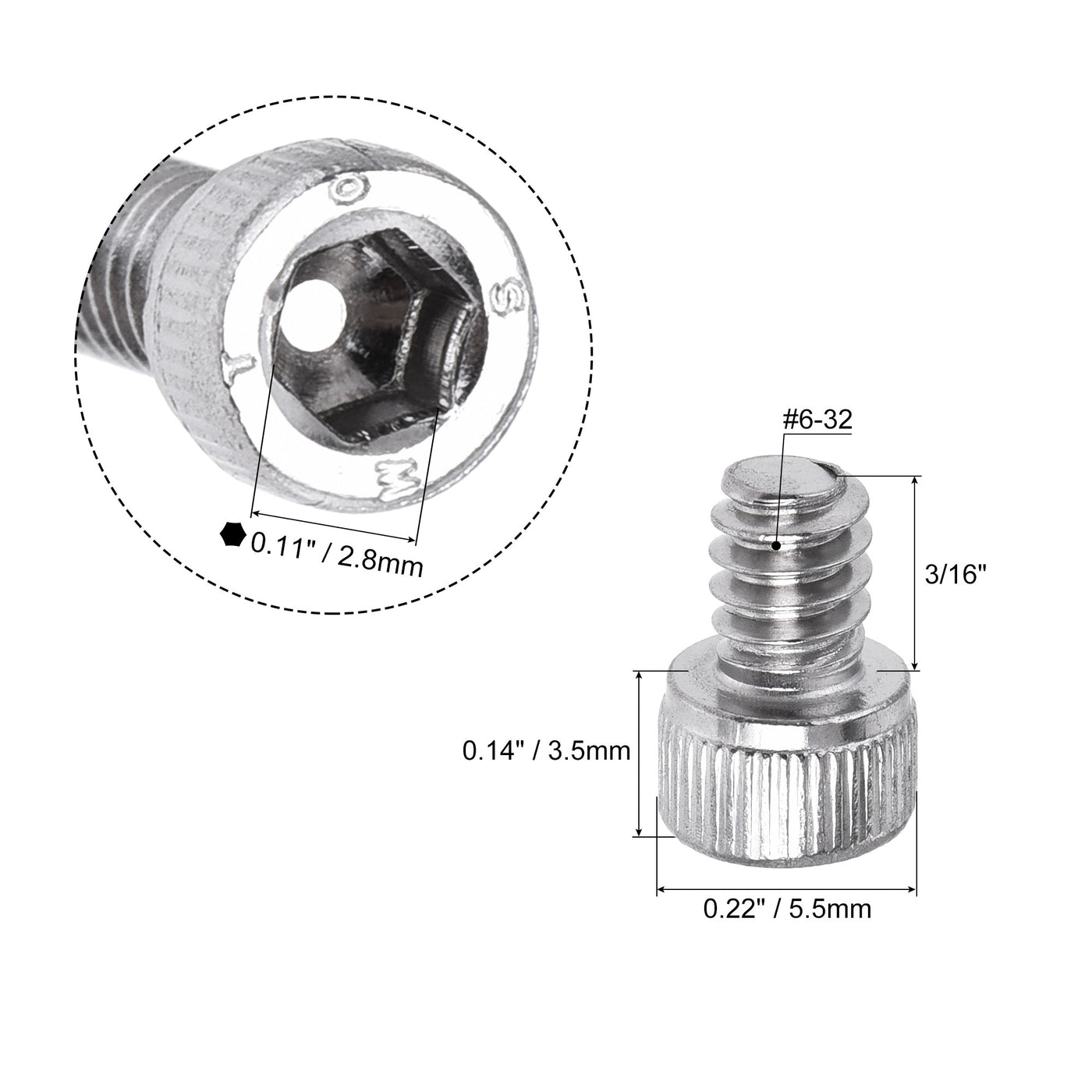 Harfington #6-32x3/16" Hex Socket Head Cap Screw Bolts 304 Stainless Steel Polished 100pcs
