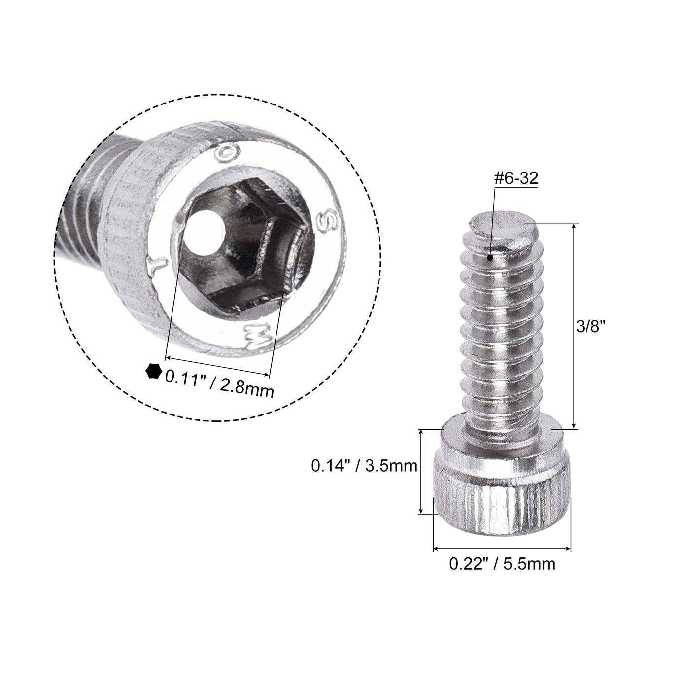 Harfington #6-32x3/8" Hex Socket Head Cap Screw Bolts 304 Stainless Steel Polished 100pcs