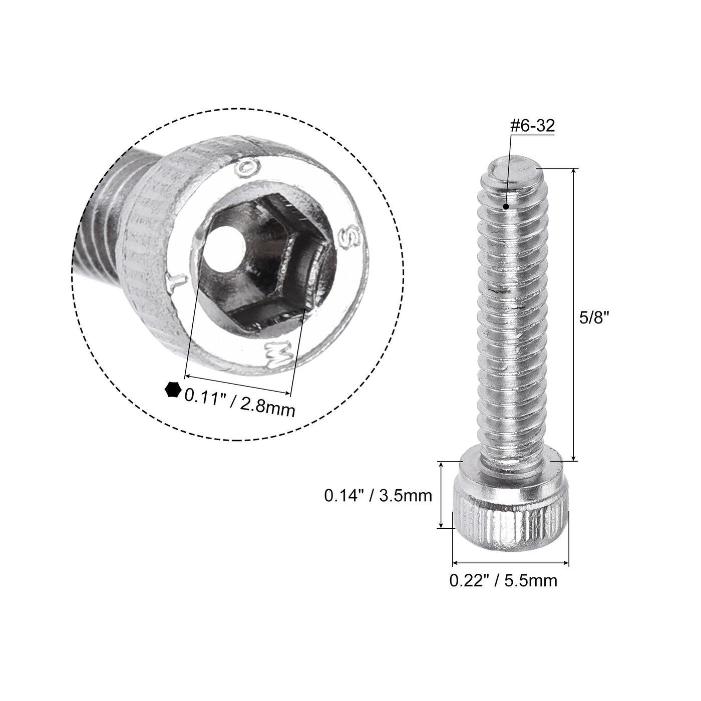 Harfington #6-32x5/8" Hex Socket Head Cap Screw Bolts 304 Stainless Steel Polished 50pcs