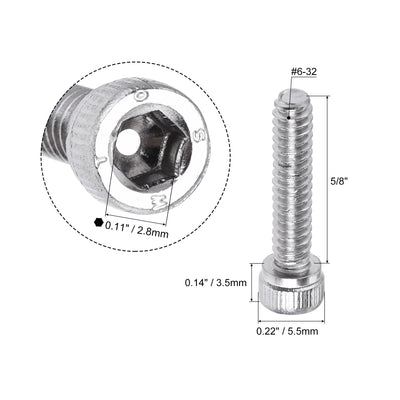 Harfington #6-32x5/8" Hex Socket Head Cap Screw Bolts 304 Stainless Steel Polished 100pcs