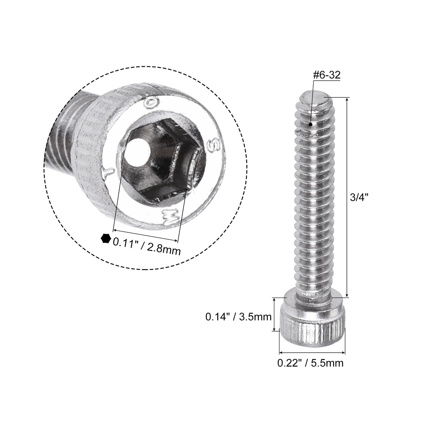Harfington #6-32x3/4" Hex Socket Head Cap Screw Bolts 304 Stainless Steel Polished 50pcs