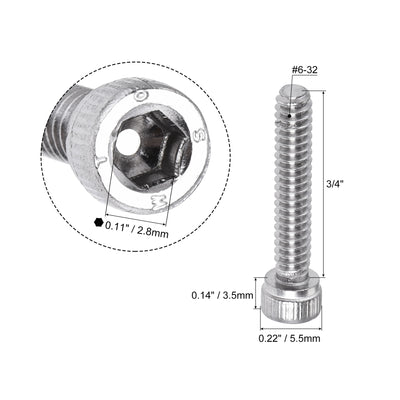 Harfington #6-32x3/4" Hex Socket Head Cap Screw Bolts 304 Stainless Steel Polished 100pcs