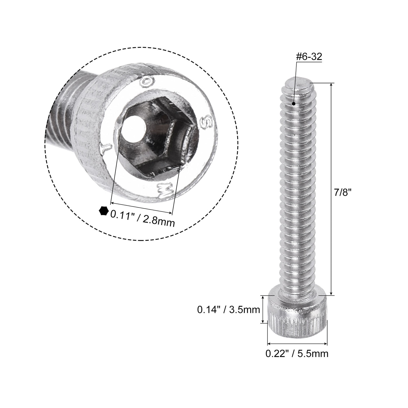 Harfington #6-32x7/8" Hex Socket Head Cap Screw Bolts 304 Stainless Steel Polished 100pcs