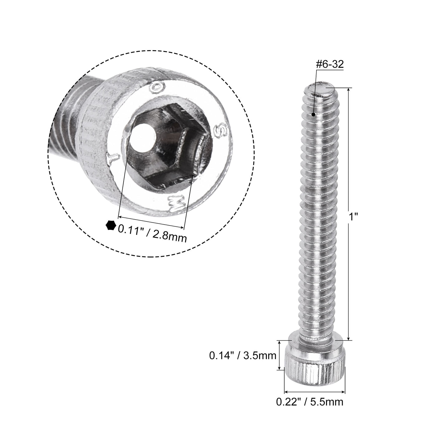 Harfington #6-32x1" Hex Socket Head Cap Screw Bolts 304 Stainless Steel Polished 50pcs