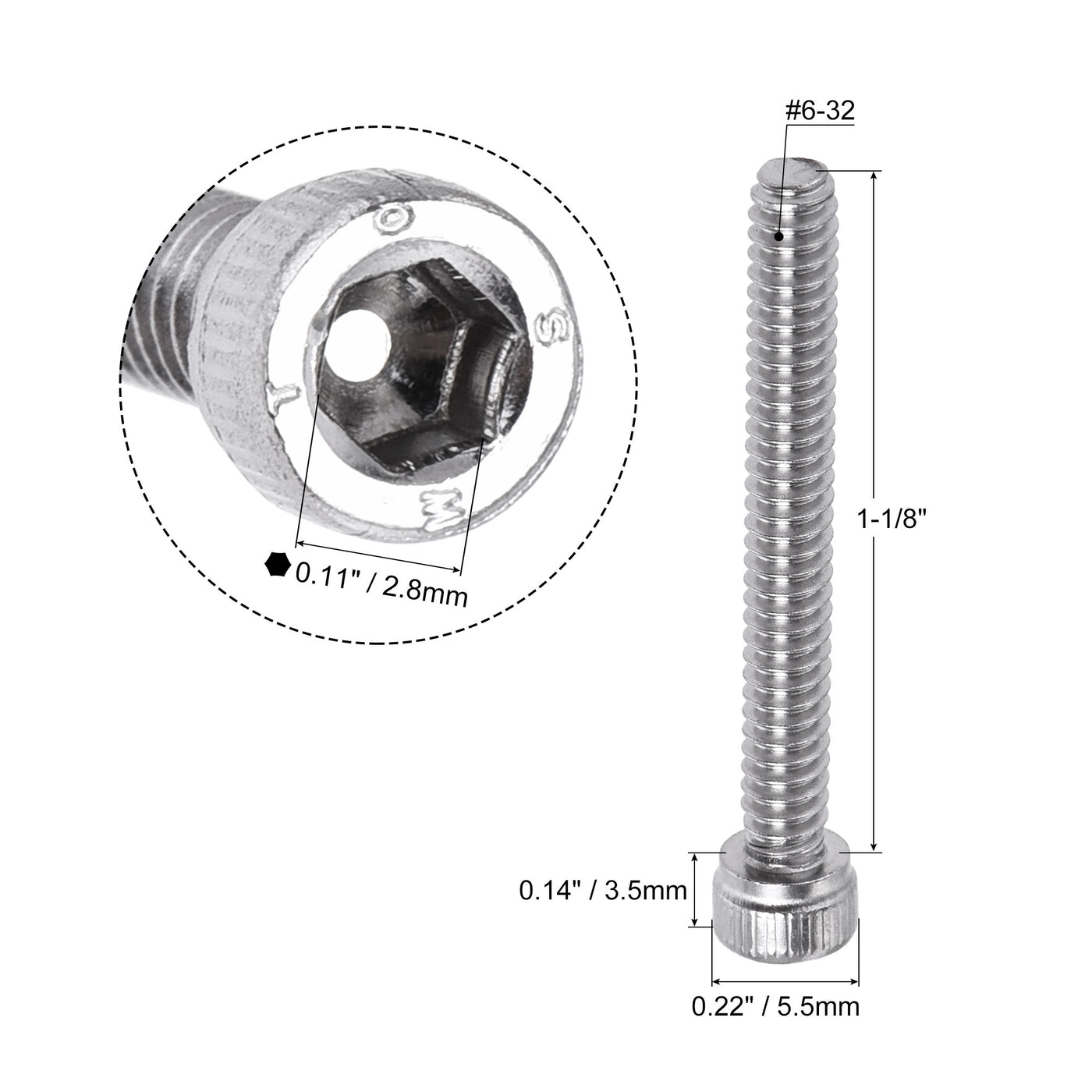 Harfington #6-32x1-1/8" Hex Socket Head Cap Screw Bolts 304 Stainless Steel Polished 50pcs
