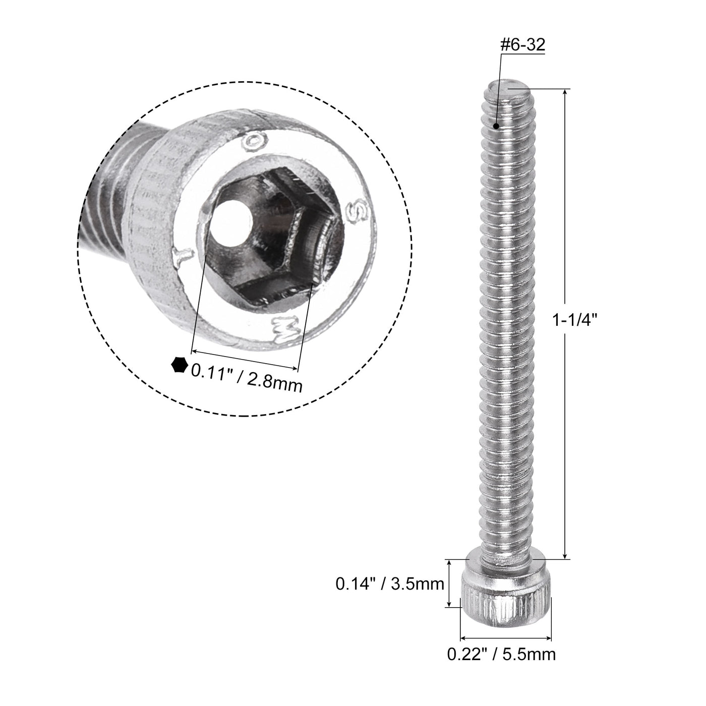 Harfington #6-32x1-1/4" Hex Socket Head Cap Screw Bolts 304 Stainless Steel Polished 50pcs