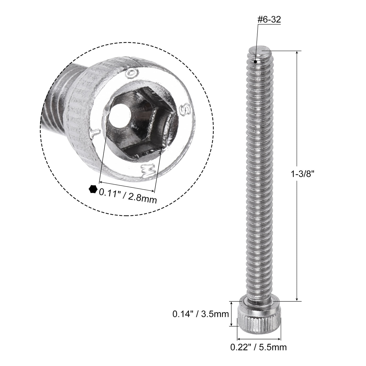 Harfington #6-32x1-3/8" Hex Socket Head Cap Screw Bolts 304 Stainless Steel Polished 50pcs