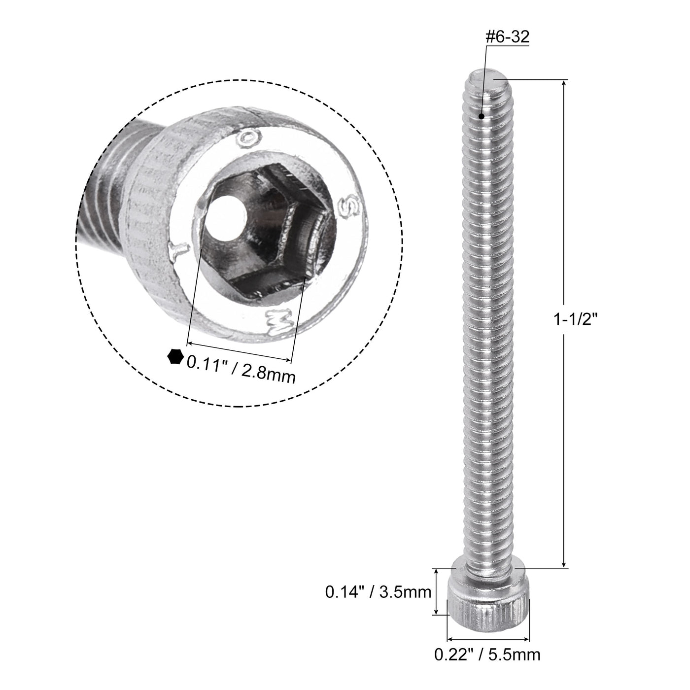 Harfington #6-32x1-1/2" Hex Socket Head Cap Screw Bolts 304 Stainless Steel Polished 100pcs