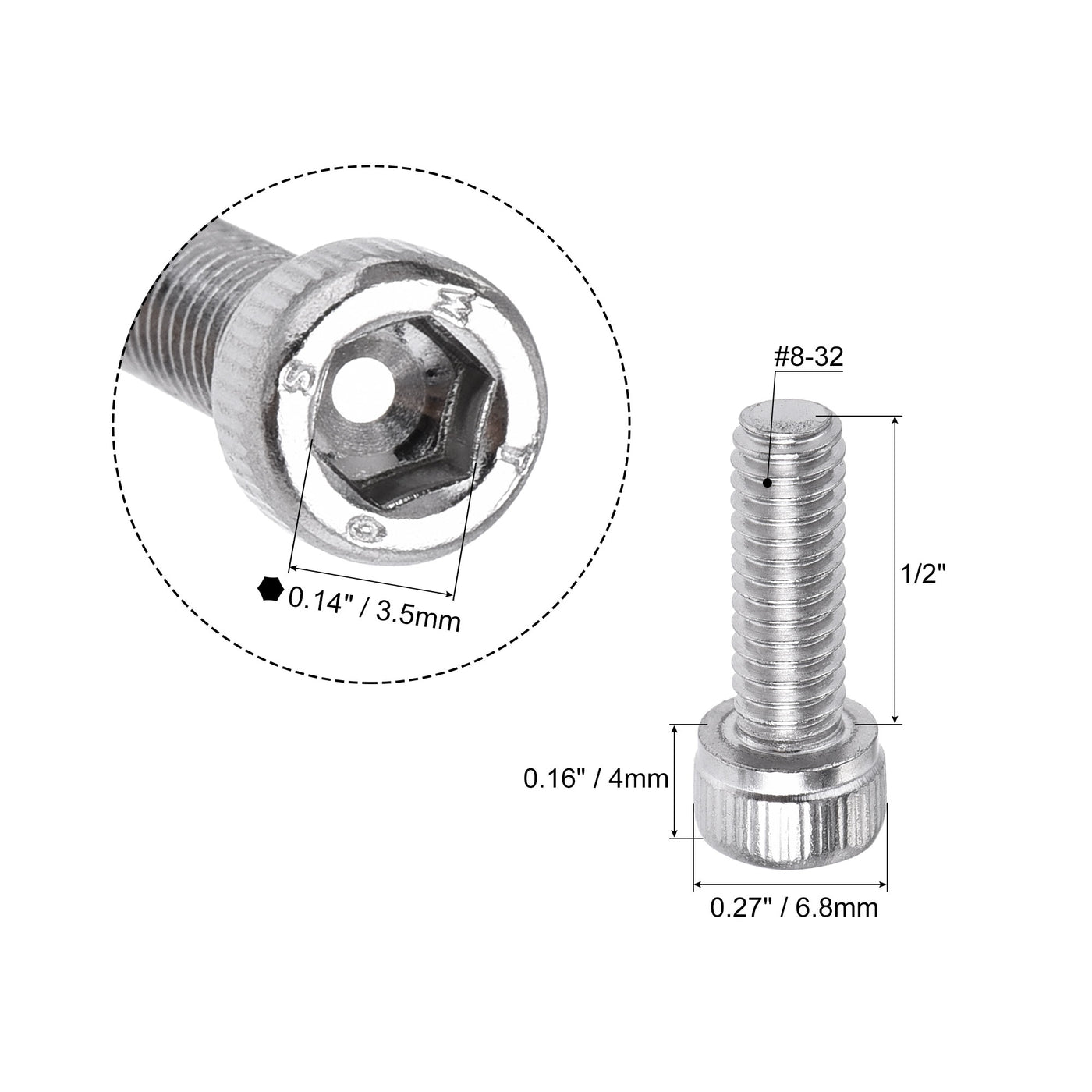 Harfington #8-32x1/2" Hex Socket Head Cap Screw Bolts 304 Stainless Steel Polished 25pcs