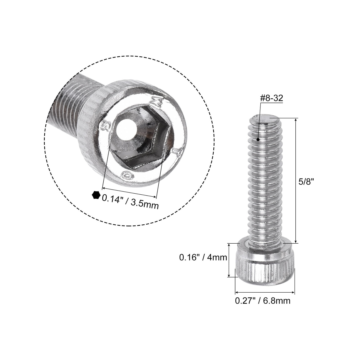 Harfington #8-32x5/8" Hex Socket Head Cap Screw Bolts 304 Stainless Steel Polished 25pcs