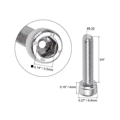 Harfington #8-32x3/4" Hex Socket Head Cap Screw Bolts 304 Stainless Steel Polished 25pcs