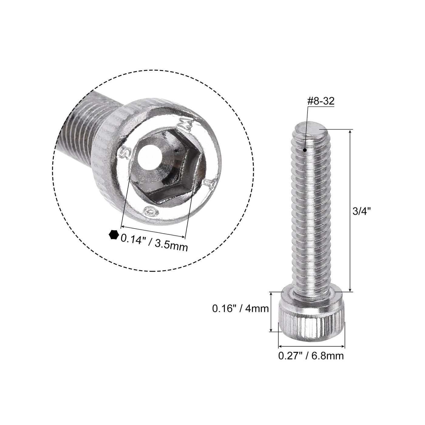Harfington #8-32x3/4" Hex Socket Head Cap Screw Bolts 304 Stainless Steel Polished 50pcs