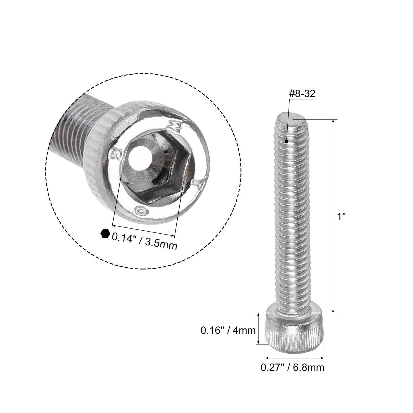 Harfington #8-32x1" Hex Socket Head Cap Screw Bolts 304 Stainless Steel Polished 50pcs