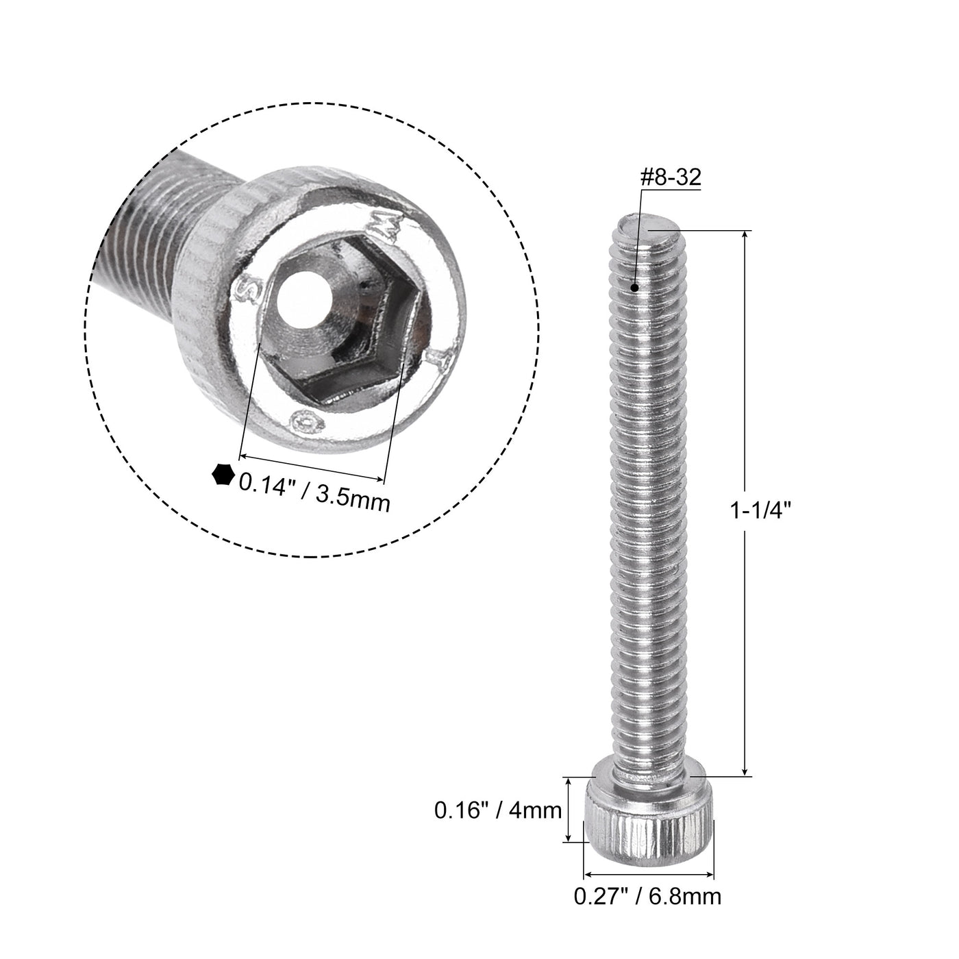 Harfington #8-32x1-1/4" Hex Socket Head Cap Screw Bolts 304 Stainless Steel Polished 25pcs