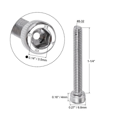 Harfington #8-32x1-1/4" Hex Socket Head Cap Screw Bolts 304 Stainless Steel Polished 25pcs