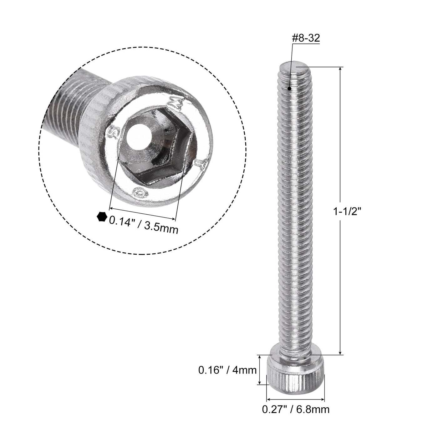 Harfington #8-32x1-1/2" Hex Socket Head Cap Screw Bolts 304 Stainless Steel Polished 50pcs