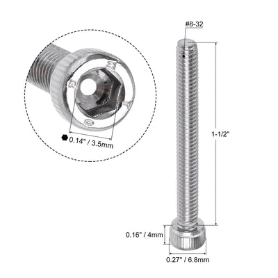 Harfington #8-32x1-1/2" Hex Socket Head Cap Screw Bolts 304 Stainless Steel Polished 50pcs