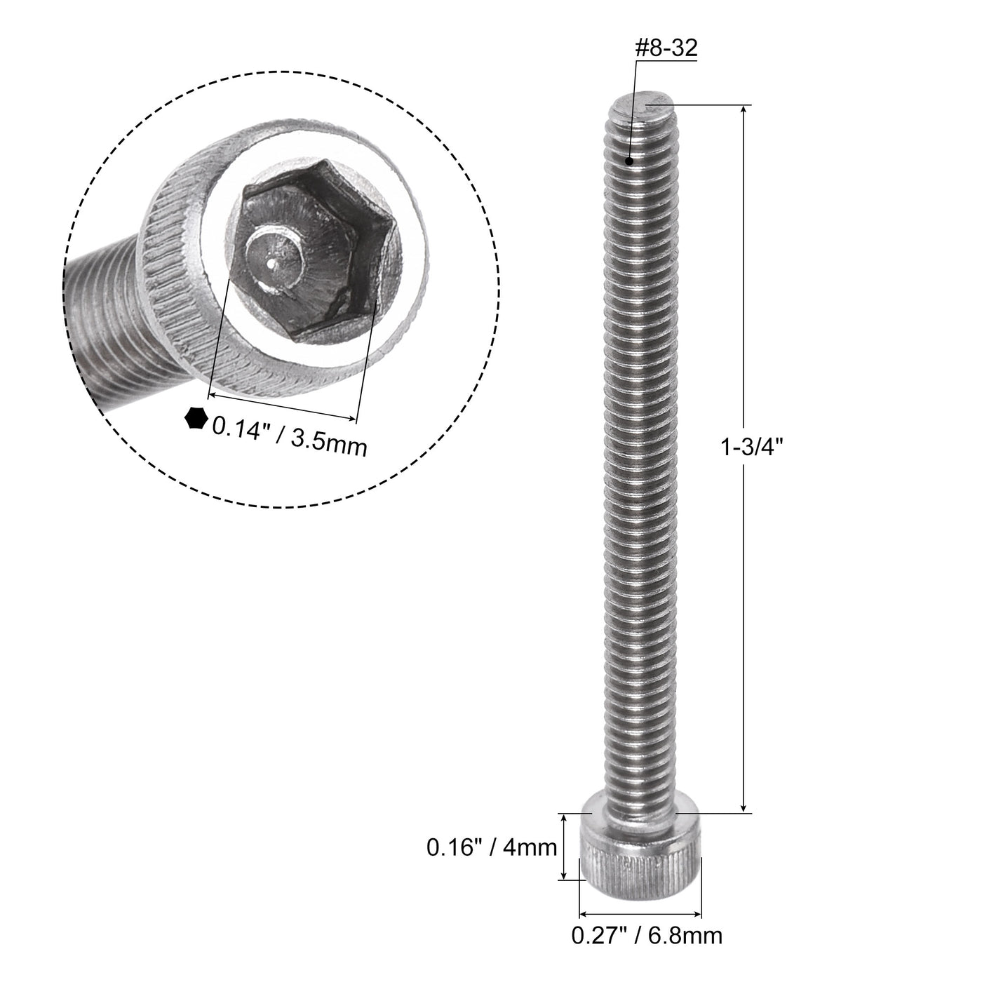 Harfington #8-32x1-3/4" Hex Socket Head Cap Screw Bolts 304 Stainless Steel Polished 25pcs