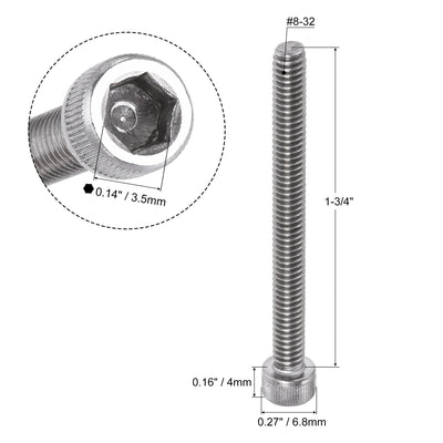 Harfington #8-32x1-3/4" Hex Socket Head Cap Screw Bolts 304 Stainless Steel Polished 25pcs