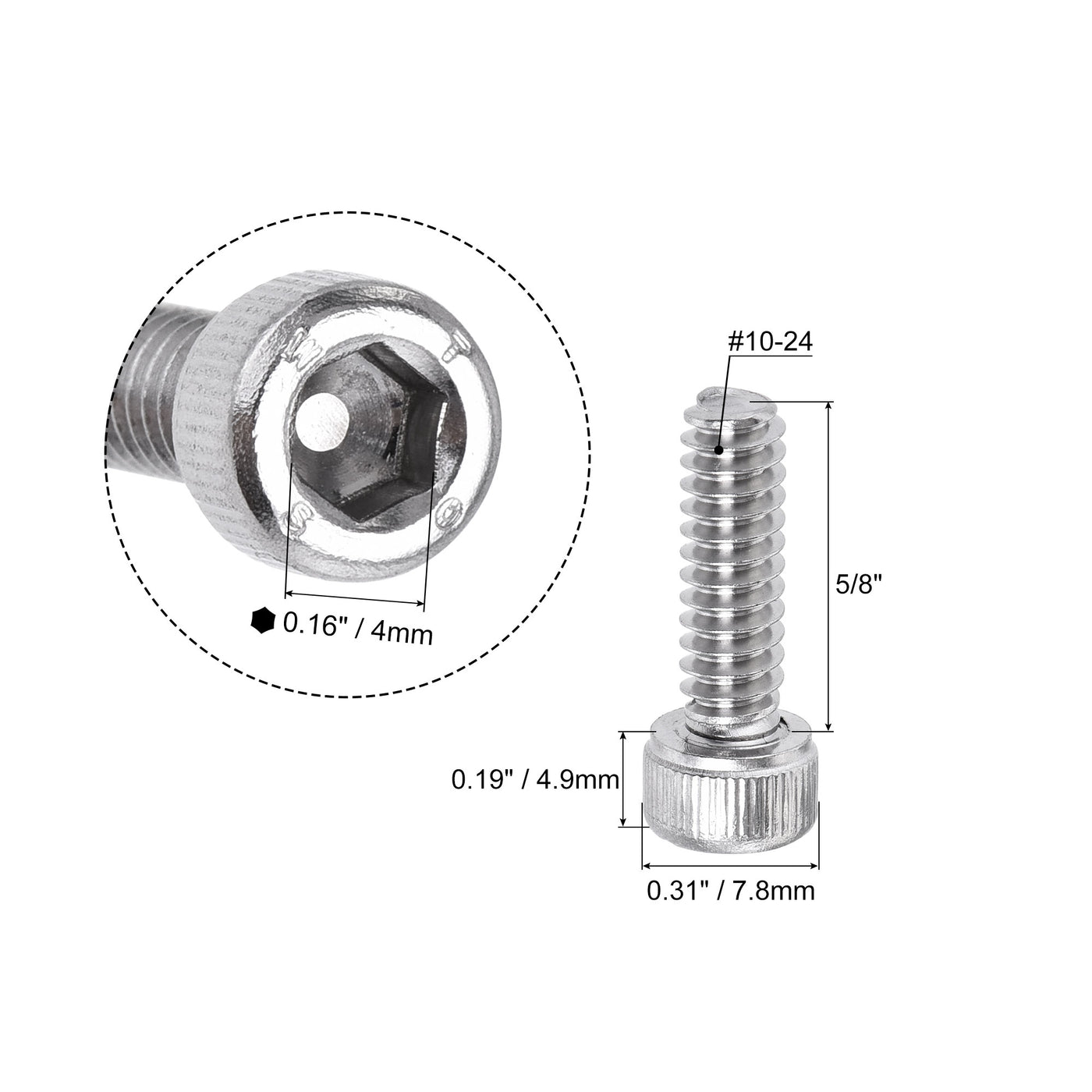Harfington #10-24x5/8" Hex Socket Head Cap Screw Bolts 304 Stainless Steel Polished 50pcs