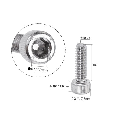 Harfington #10-24x5/8" Hex Socket Head Cap Screw Bolts 304 Stainless Steel Polished 50pcs