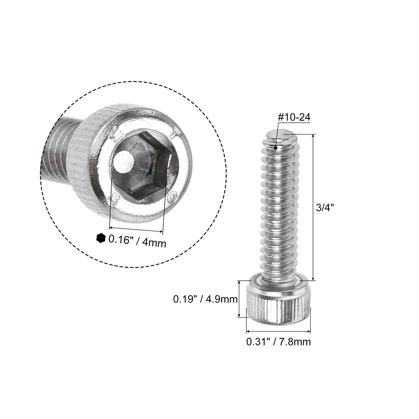 Harfington #10-24x3/4" Hex Socket Head Cap Screw Bolts 304 Stainless Steel Polished 50pcs