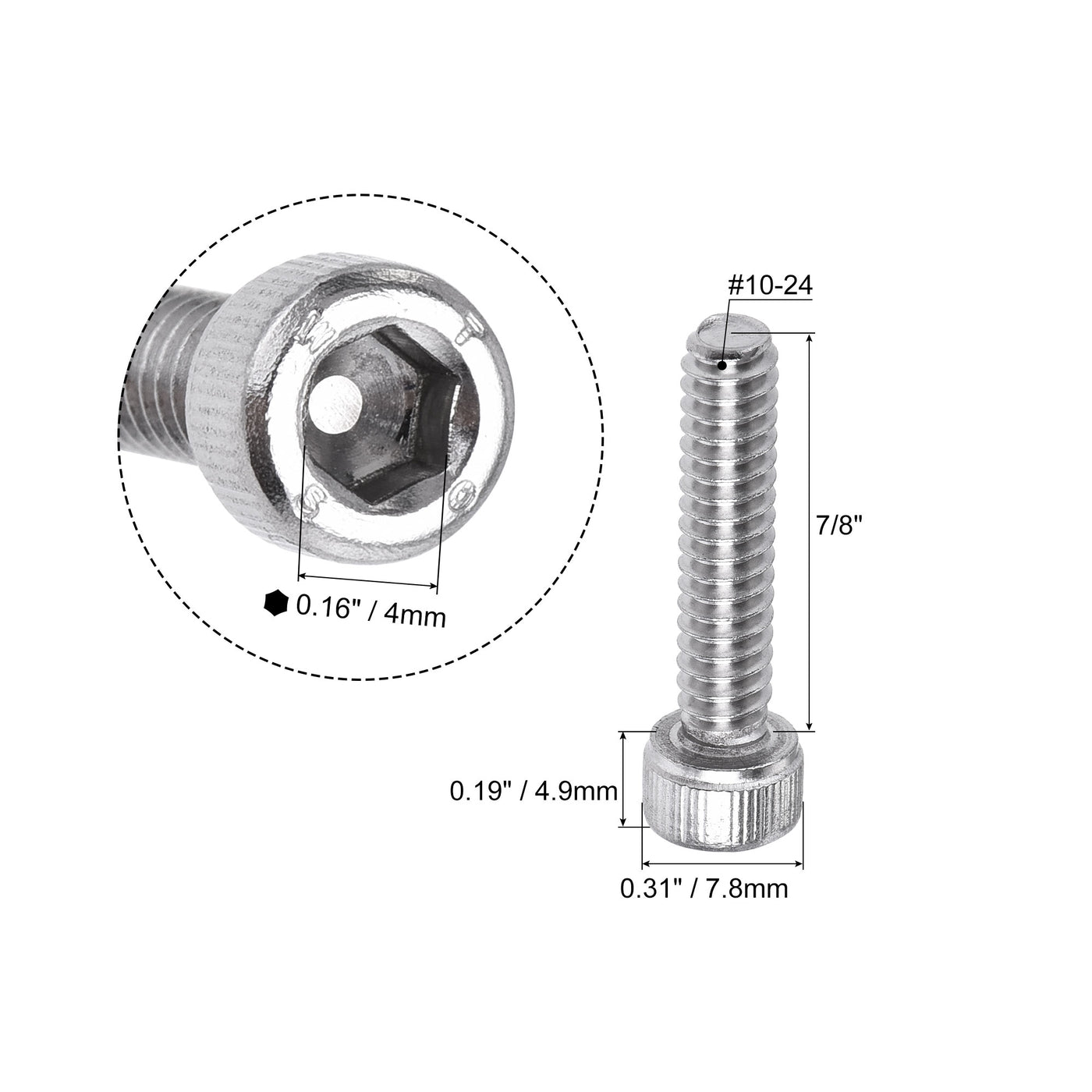 Harfington #10-24x7/8" Hex Socket Head Cap Screw Bolts 304 Stainless Steel Polished 50pcs