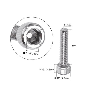 Harfington #10-24x7/8" Hex Socket Head Cap Screw Bolts 304 Stainless Steel Polished 50pcs