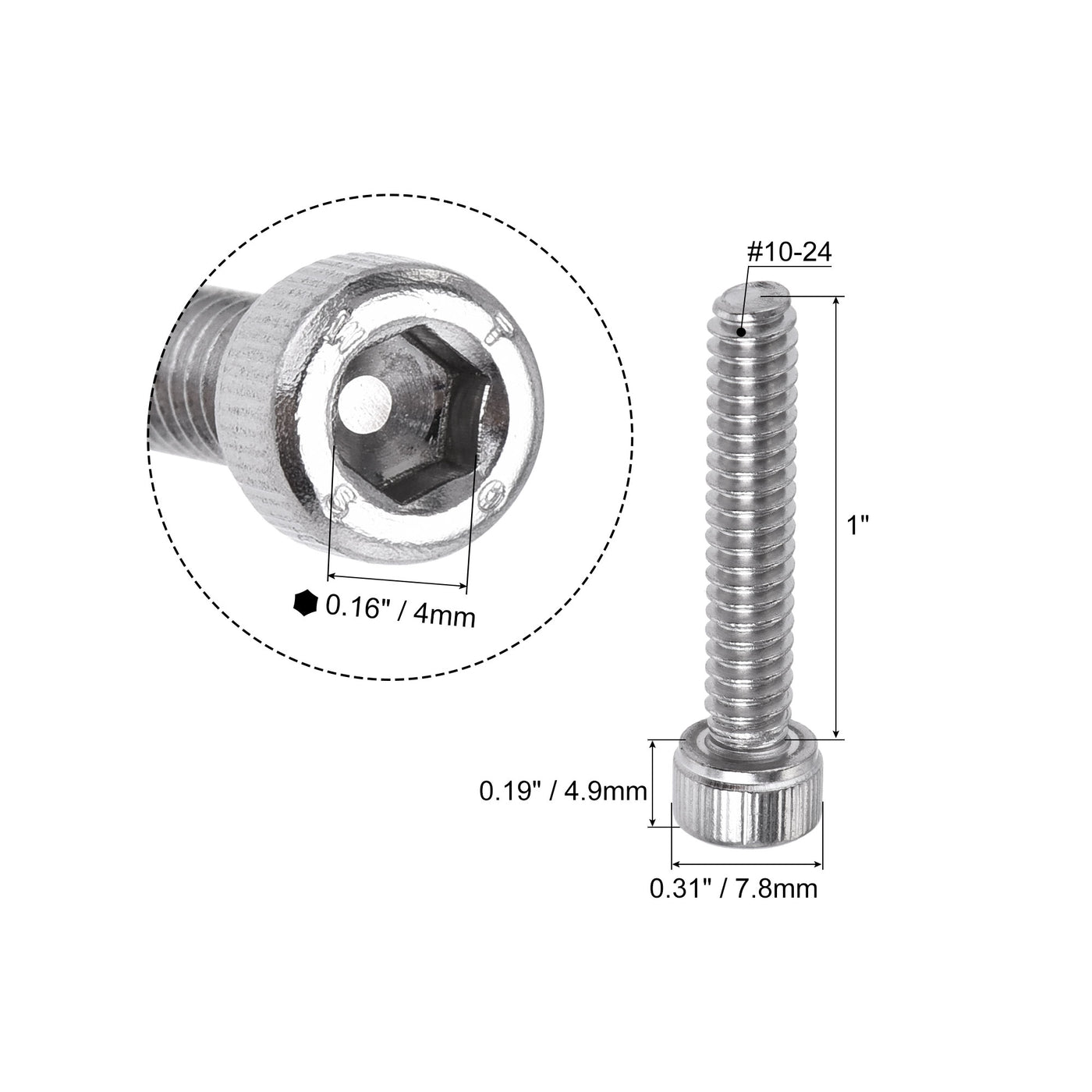 Harfington #10-24x1" Hex Socket Head Cap Screw Bolts 304 Stainless Steel Polished 50pcs