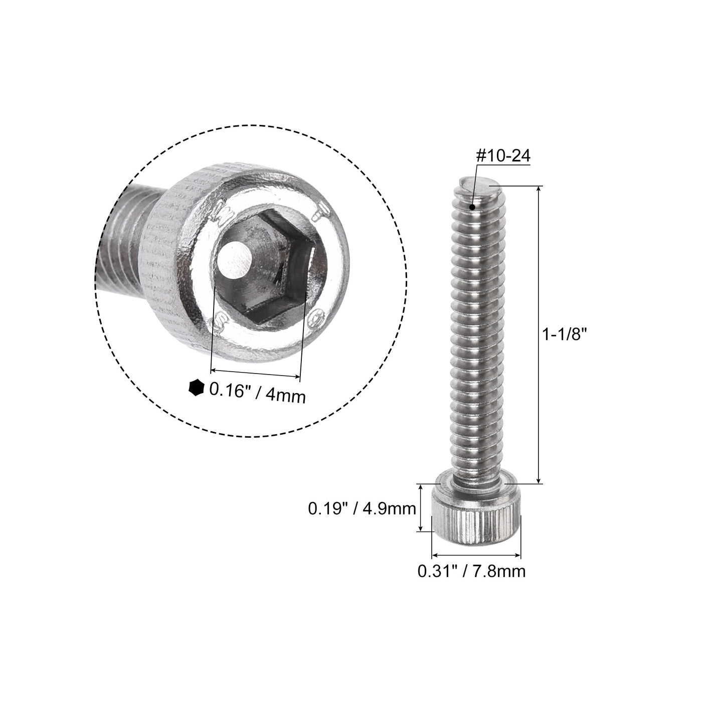Harfington #10-24x1-1/8" Hex Socket Head Cap Screw Bolts 304 Stainless Steel Polished 25pcs