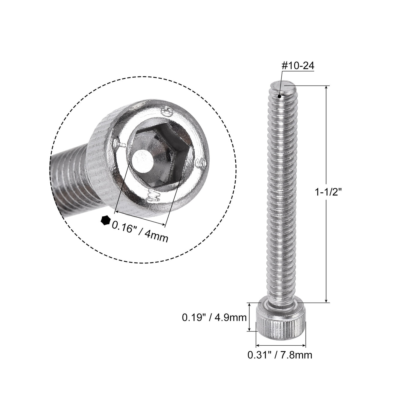 Harfington #10-24x1-1/2" Hex Socket Head Cap Screw Bolts 304 Stainless Steel Polished 25pcs