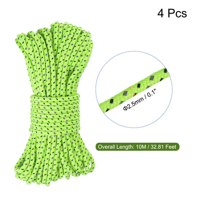Harfington Tent Rope 2.5mm 32.81ft Polyester Cord Fluorescent Reflective Green 4Pcs