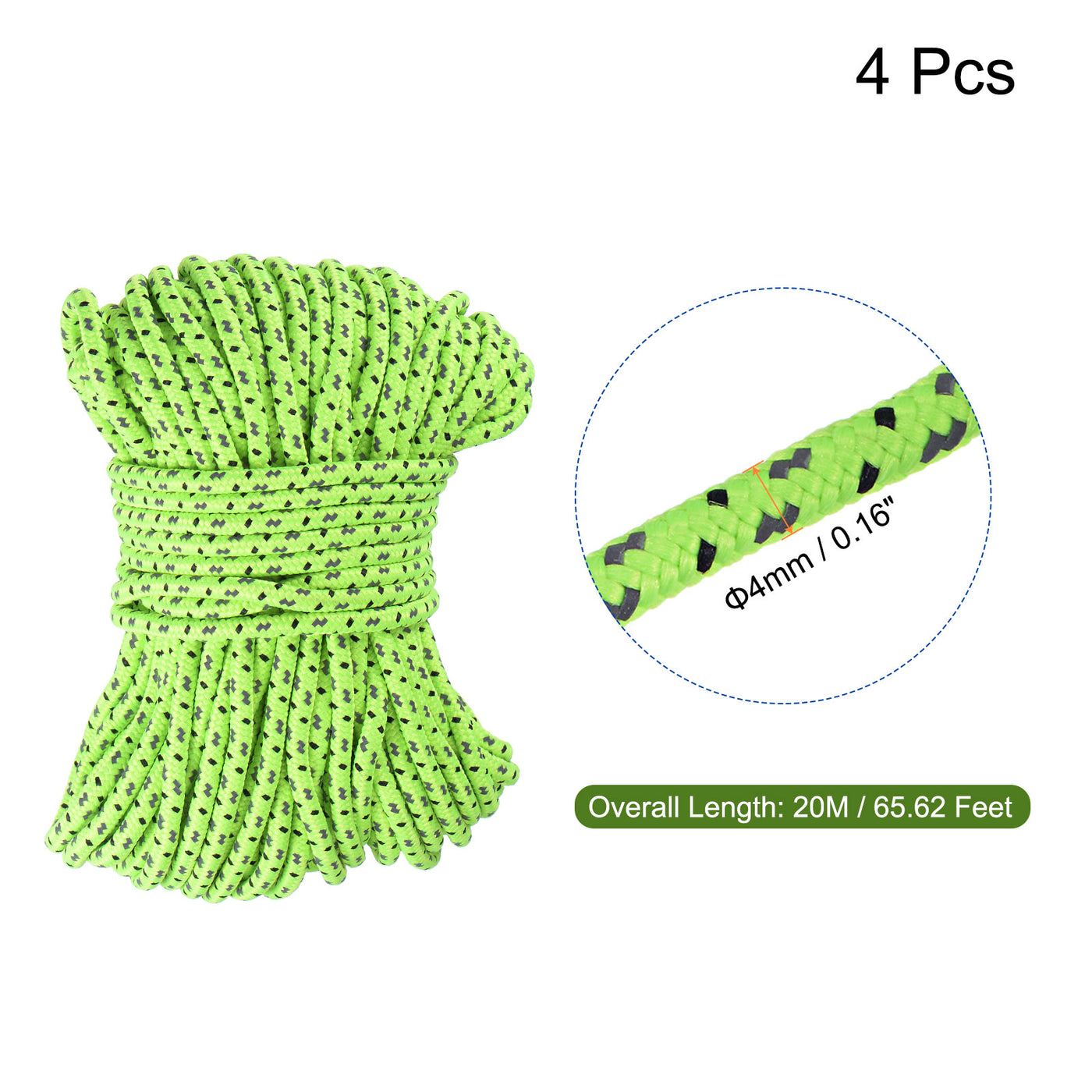 Harfington Tent Rope 4mm 65.62ft Polyester Cord Fluorescent Reflective Green 4Pcs