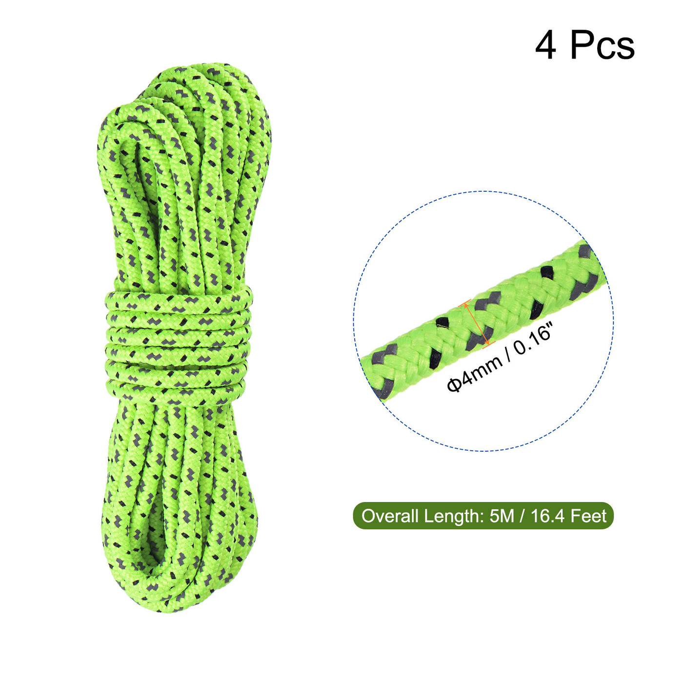 Harfington Tent Rope 4mm 16.4ft Polyester Cord Fluorescent Reflective Green 4Pcs