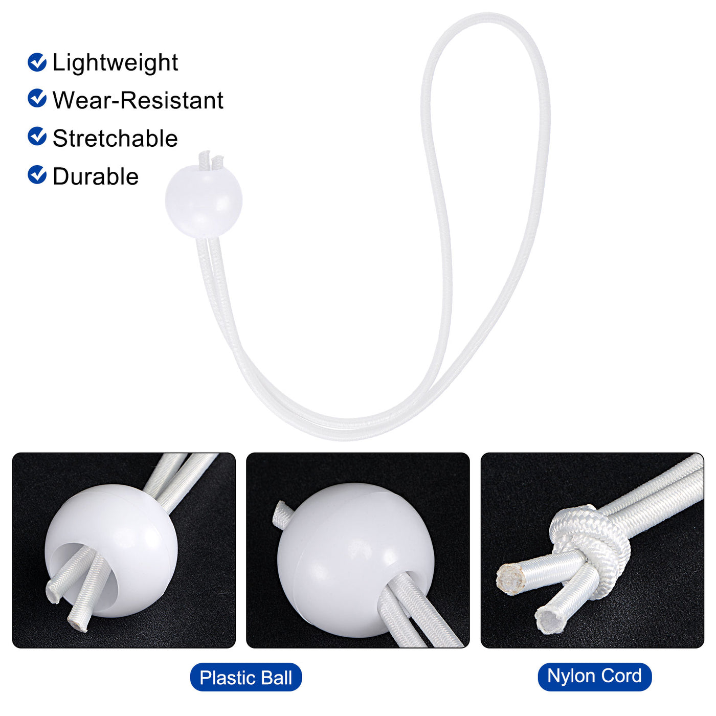 Harfington Ball Cords Elastic String, 250mm/10 Inch Ropes Tie Down Tarp Straps for Camping Canopy Tent Cargo, White Pack of 25