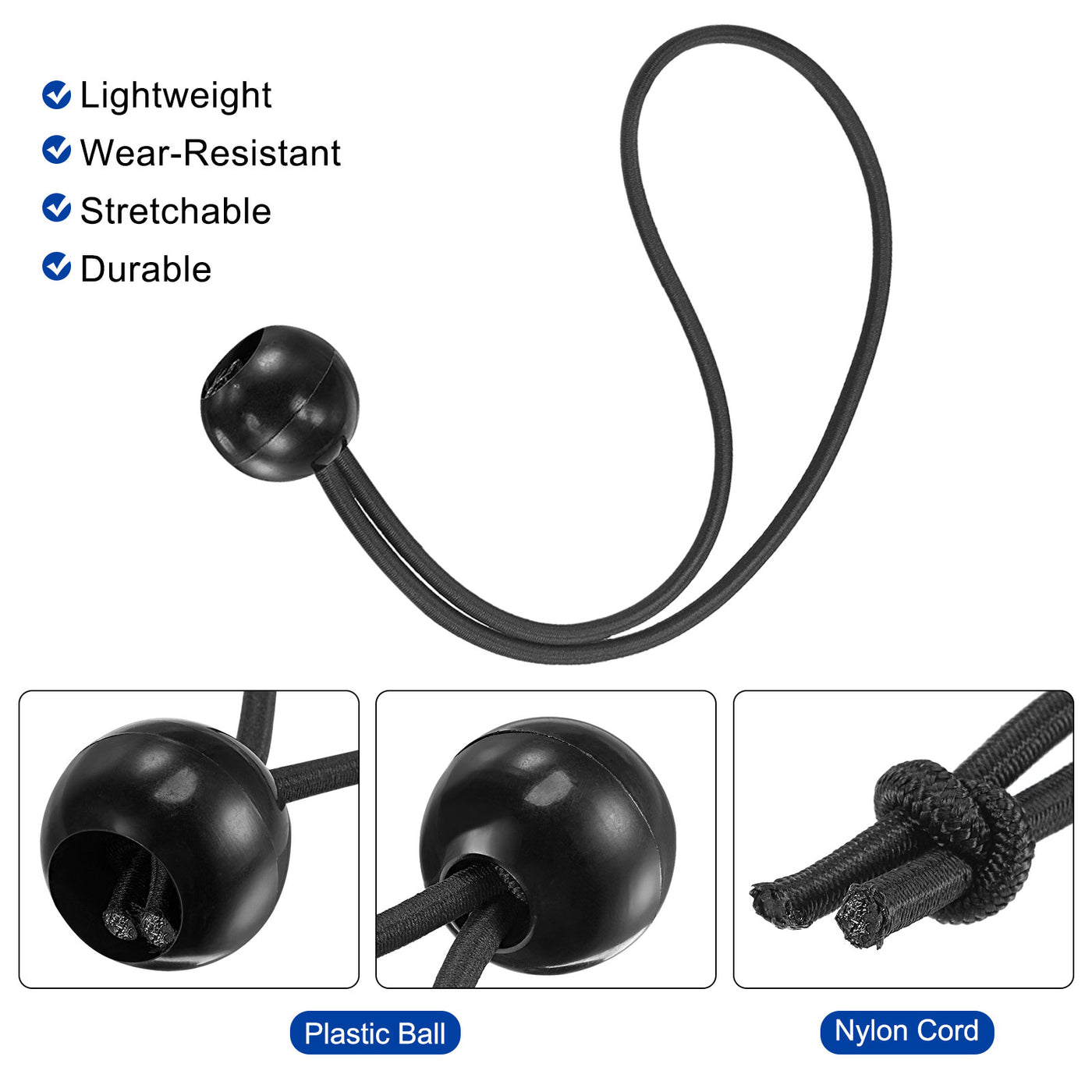 Harfington Ball Cords Elastic String, 180mm/7.1 Inch Ropes Tie Down Tarp Straps for Camping Canopy Tent Cargo, Black Pack of 10