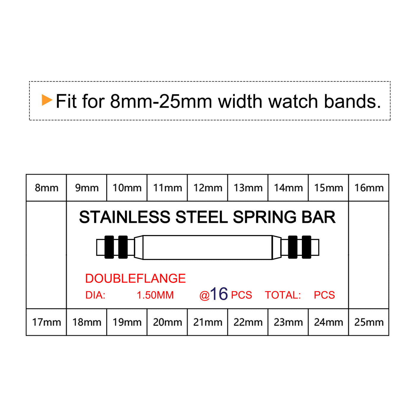 Harfington Watch Band Link Pin Set 288pcs 1.4mm Dia Spring Bar Pins 8-25mm 16pcs Each Size
