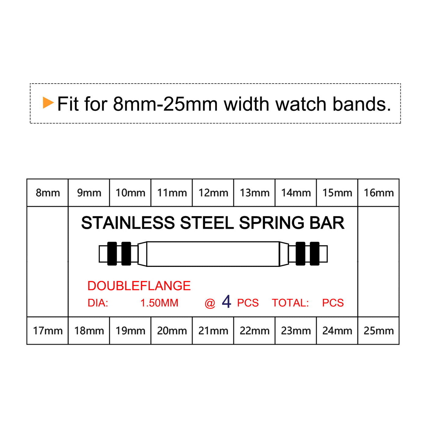 Harfington Watch Band Link Pin Set 72pcs 1.4mm Dia Spring Bar Pins 8-25mm 4pcs Each Size