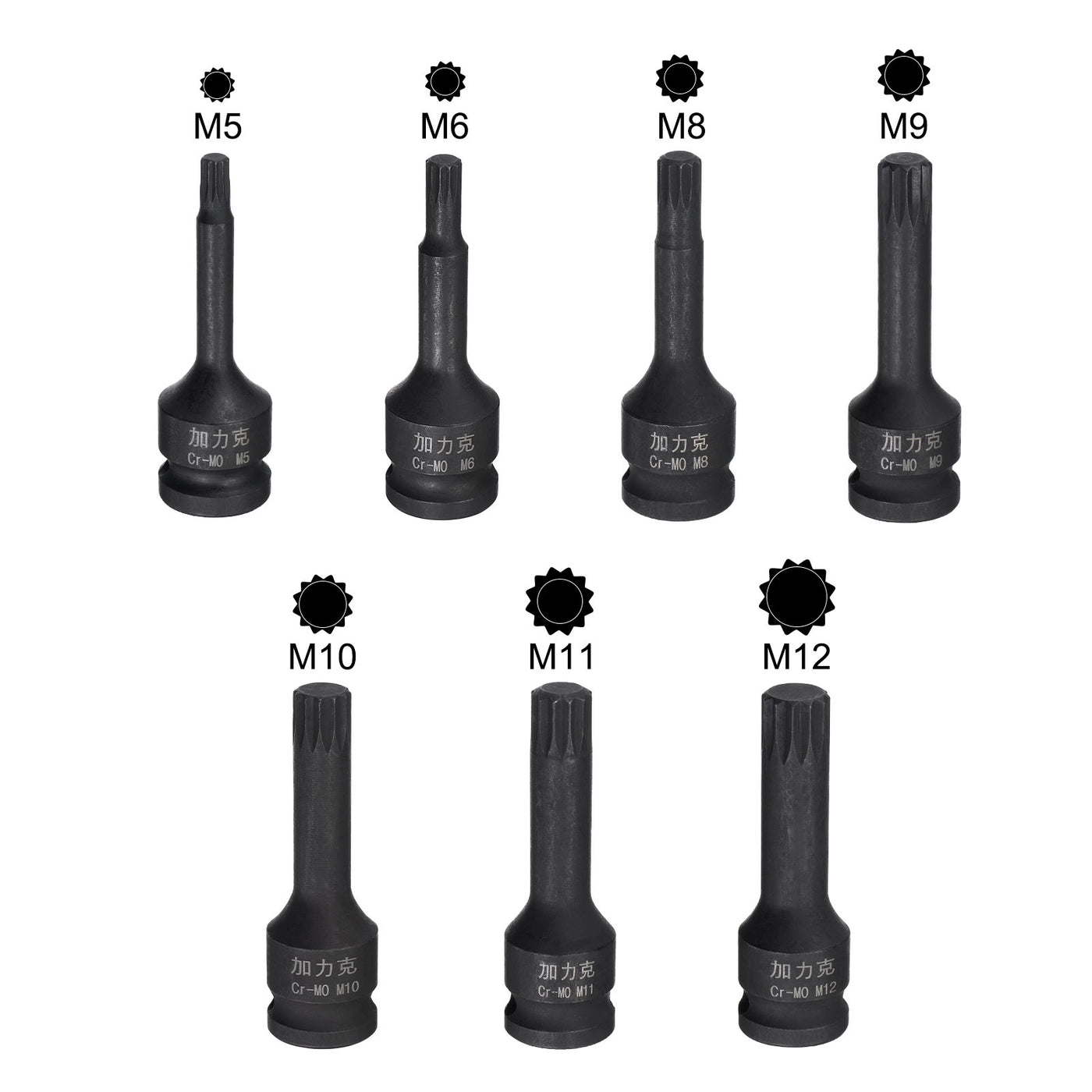 Harfington 3/8" Drive Impact Spline Bit Socket Set, M5 - M12, Metric 60mm Length, CR-MO