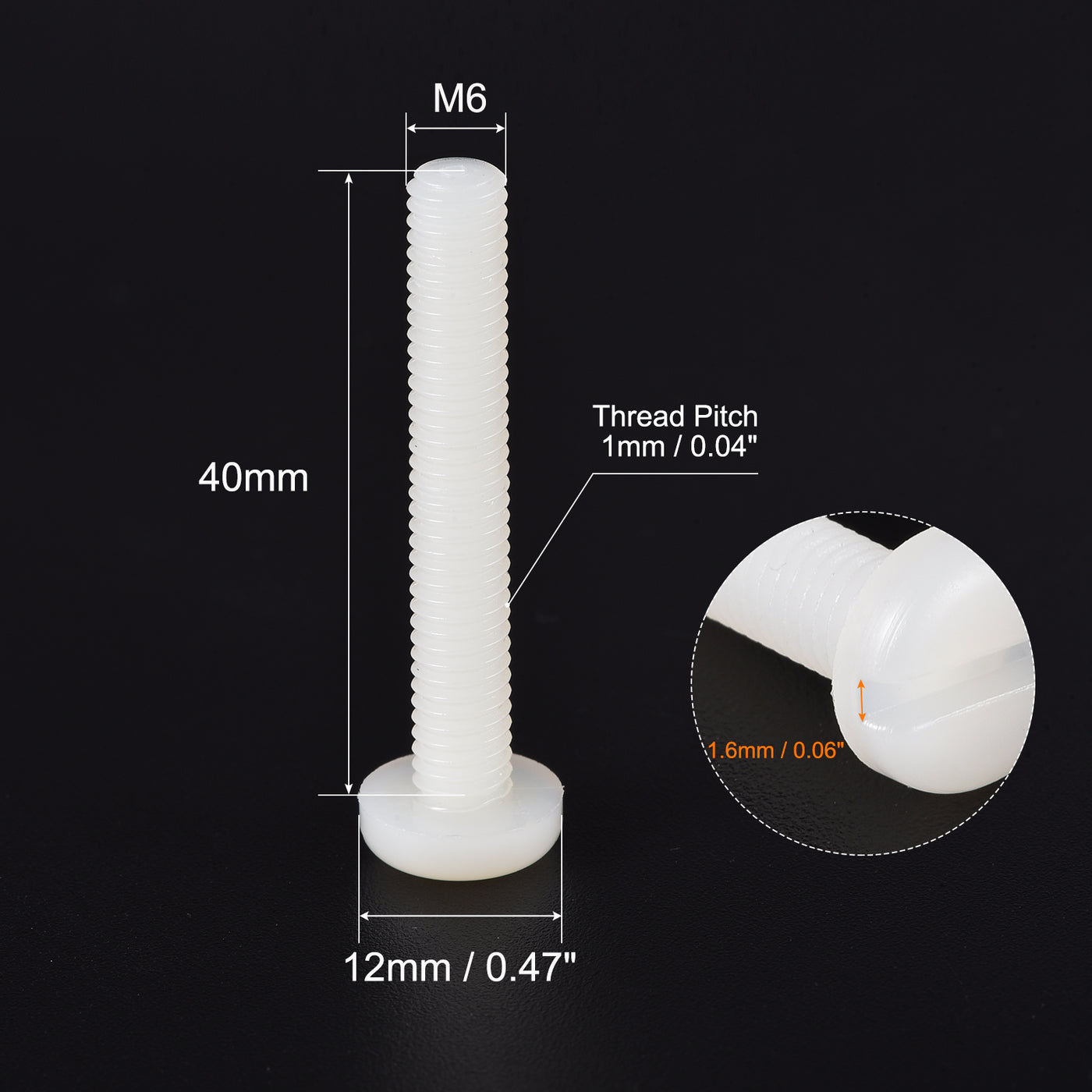 Harfington M6 x 40mm Nylon Machine Screws, Pan Head Slotted Screw Fasteners, 12pcs