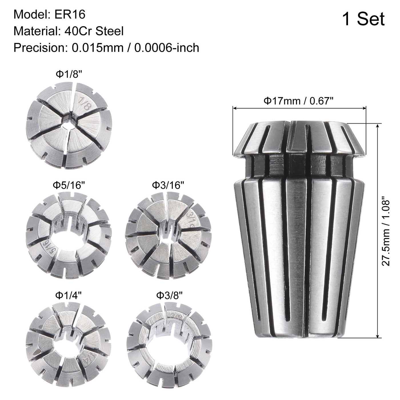 Harfington 5pcs ER16 Spring Collet Set, 1/8" to 3/8" Chuck for CNC Machine Lathe Milling
