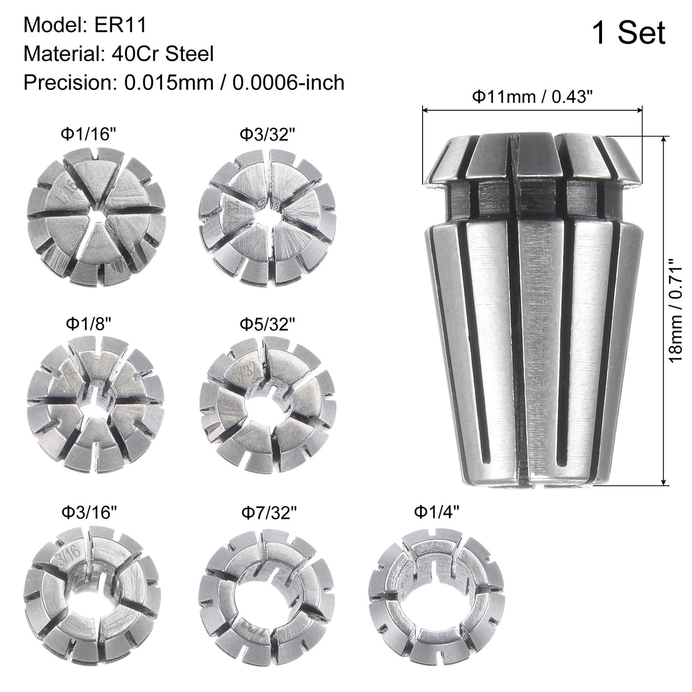 Harfington 7pcs ER11 Spring Collet Set, 1/16" to 1/4" Chuck for CNC Machine Lathe Milling