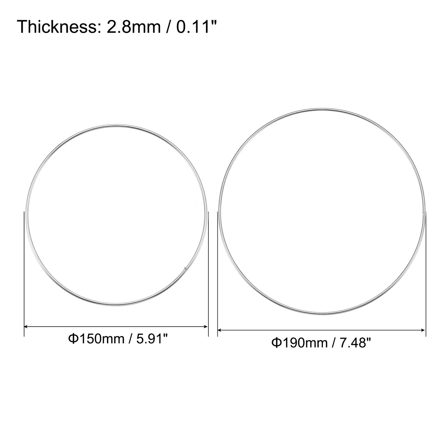 Harfington 150mm 190mm OD Metal O Ring Non-Welded Craft Hoops for DIY Silver Tone 2pcs