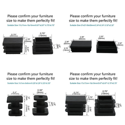 Harfington 12pcs Plastic Square Ribbed Tube Inserts Pipe Tubing End Cover Caps Furniture Glide Chair Table Feet Floor Protector Black