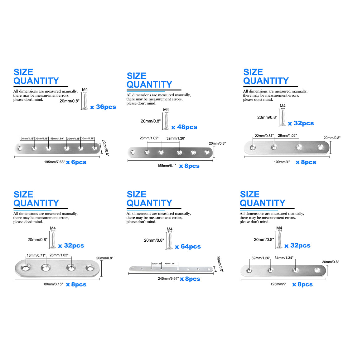 Harfington Straight Brackets Stainless Steel Flat Brace Fastener Brackets with Screws 8pcs