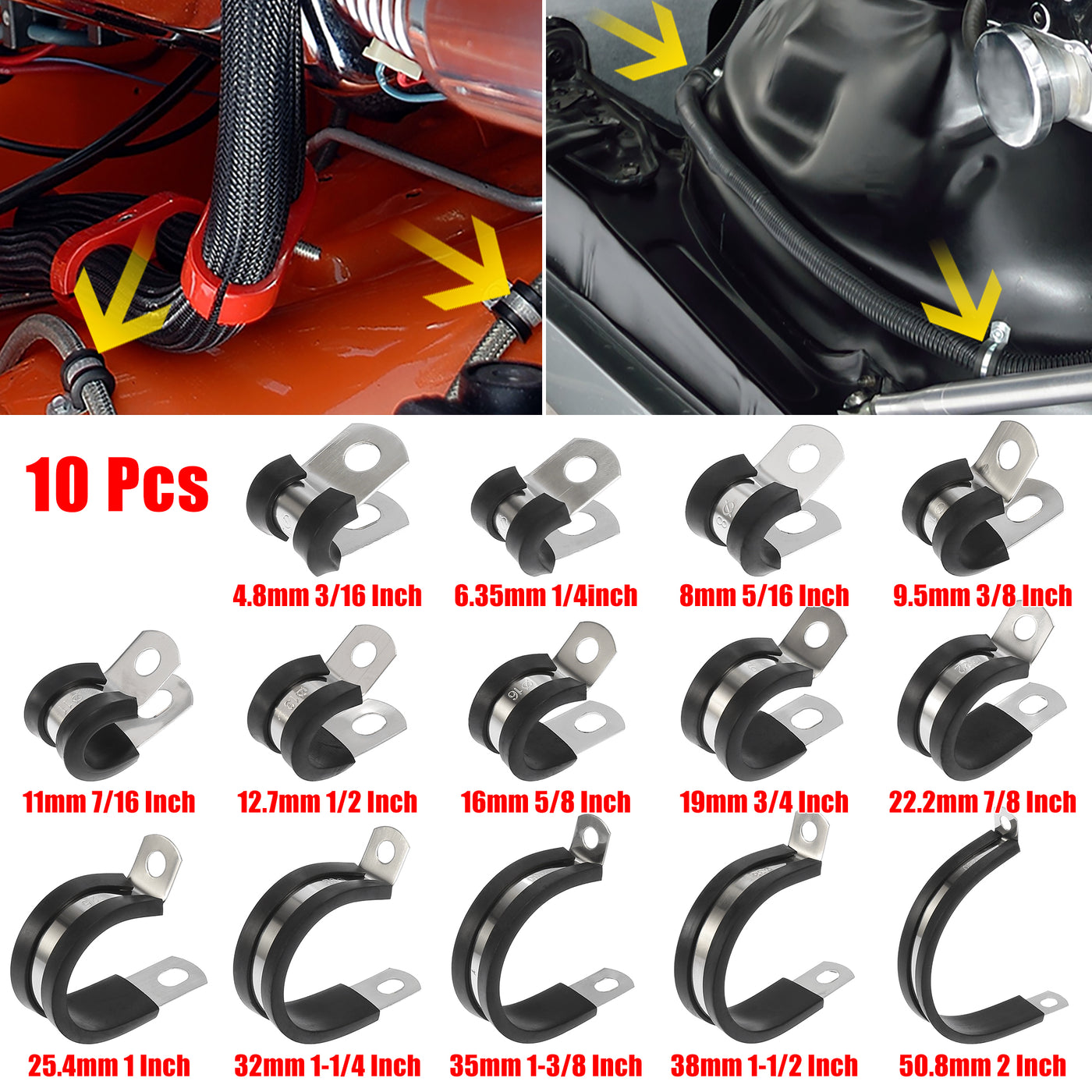 Harfington 10pcs R Shape Automotive 304 Stainless Steel Cable Clamp Rubber Cushioned Metal Clamp Fastener for Tube Pipe Wire Installation